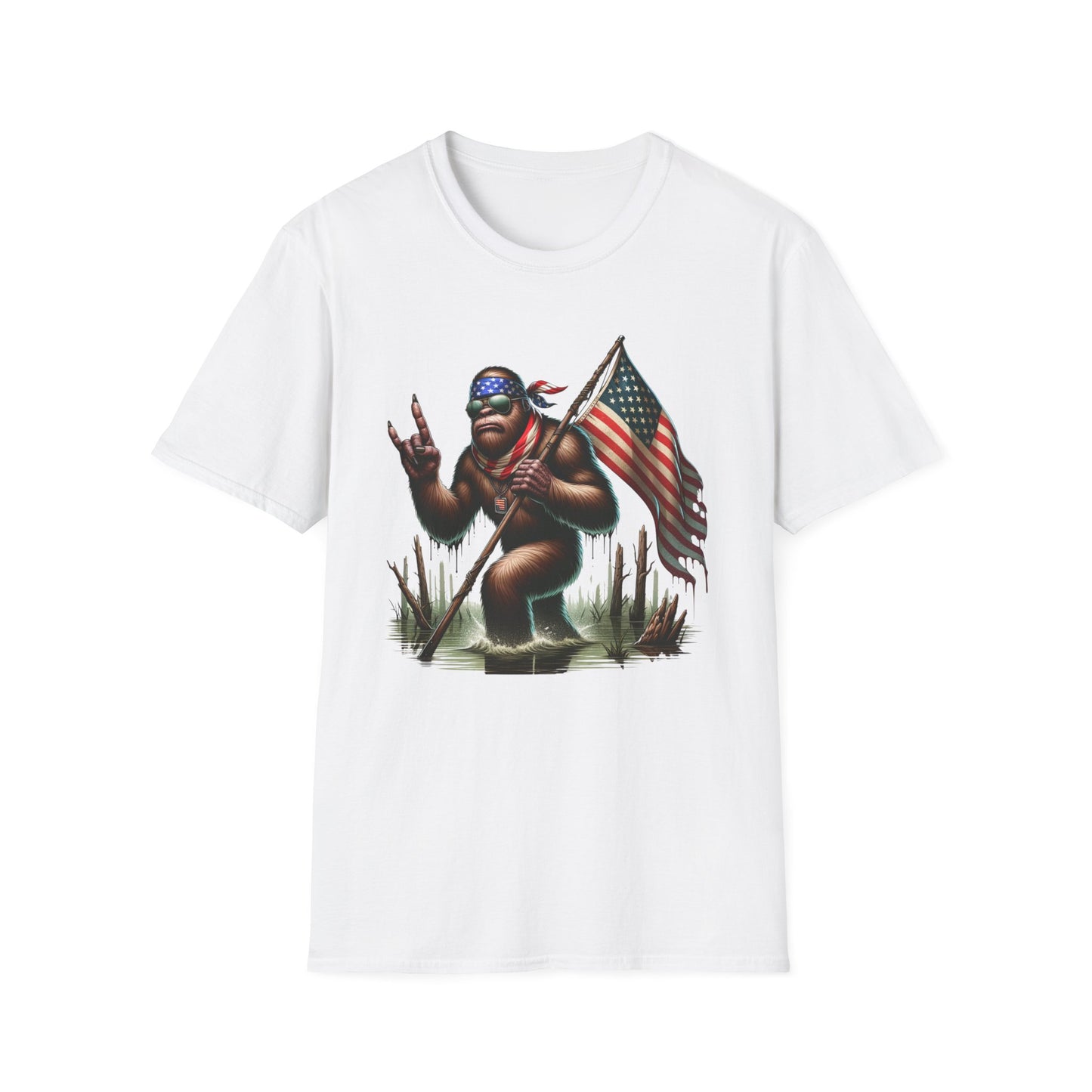 Patriotic Bigfoot Sasquatch Unisex Short Sleeve T-Shirt, Front Design