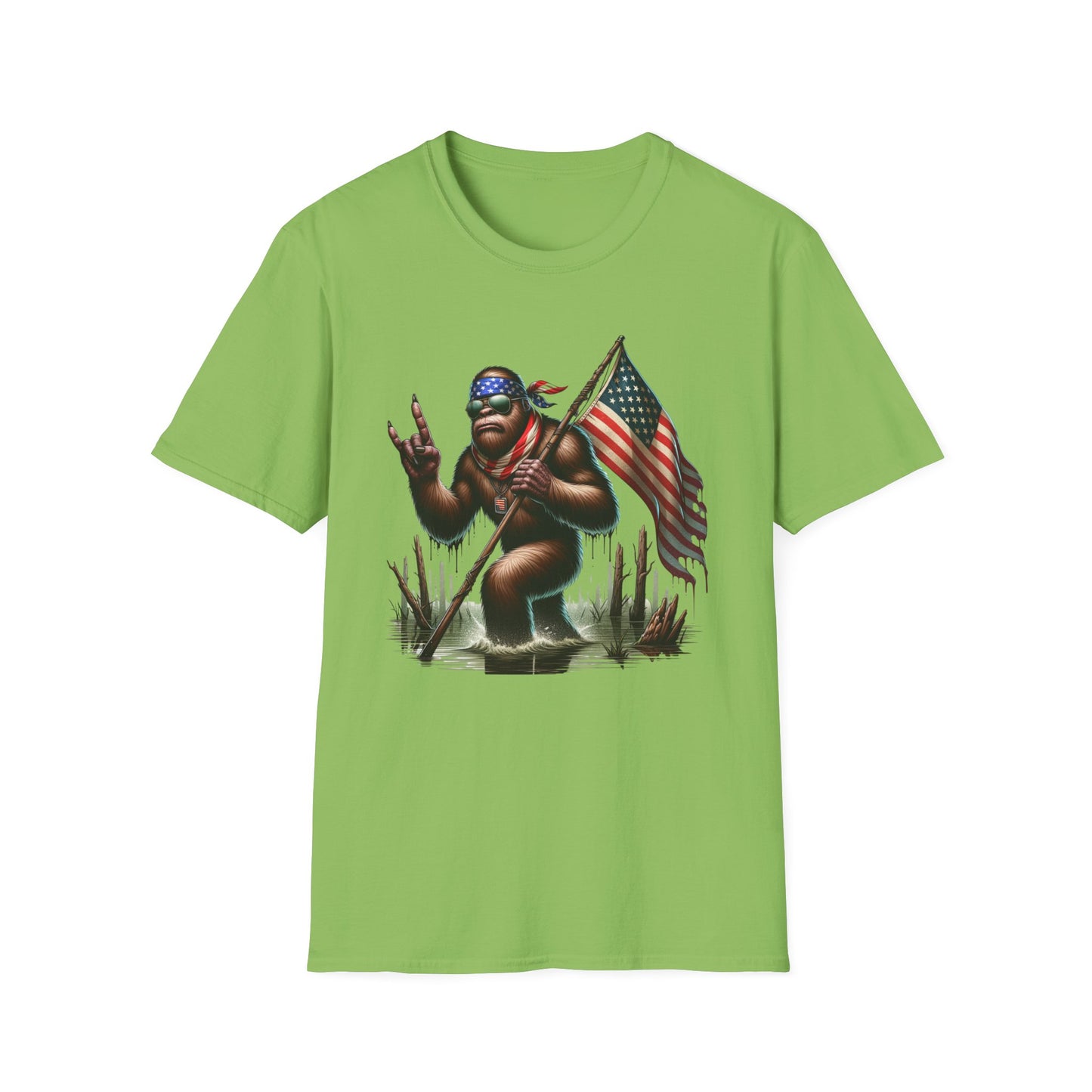 Patriotic Bigfoot Sasquatch Unisex Short Sleeve T-Shirt, Front Design