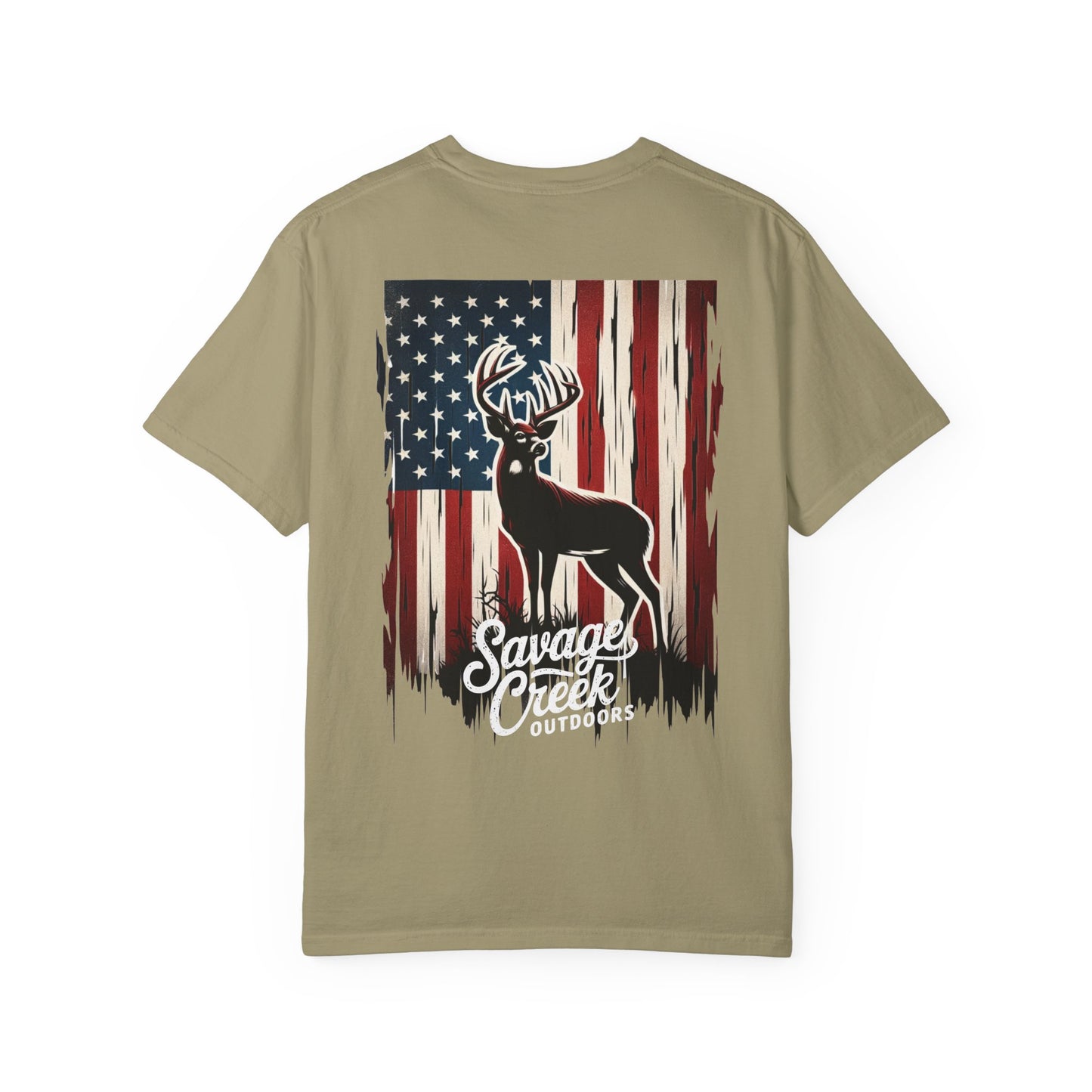Savage Creek Patriotic Deer Hunting Unisex Short Sleeve T-Shirt With Back Design