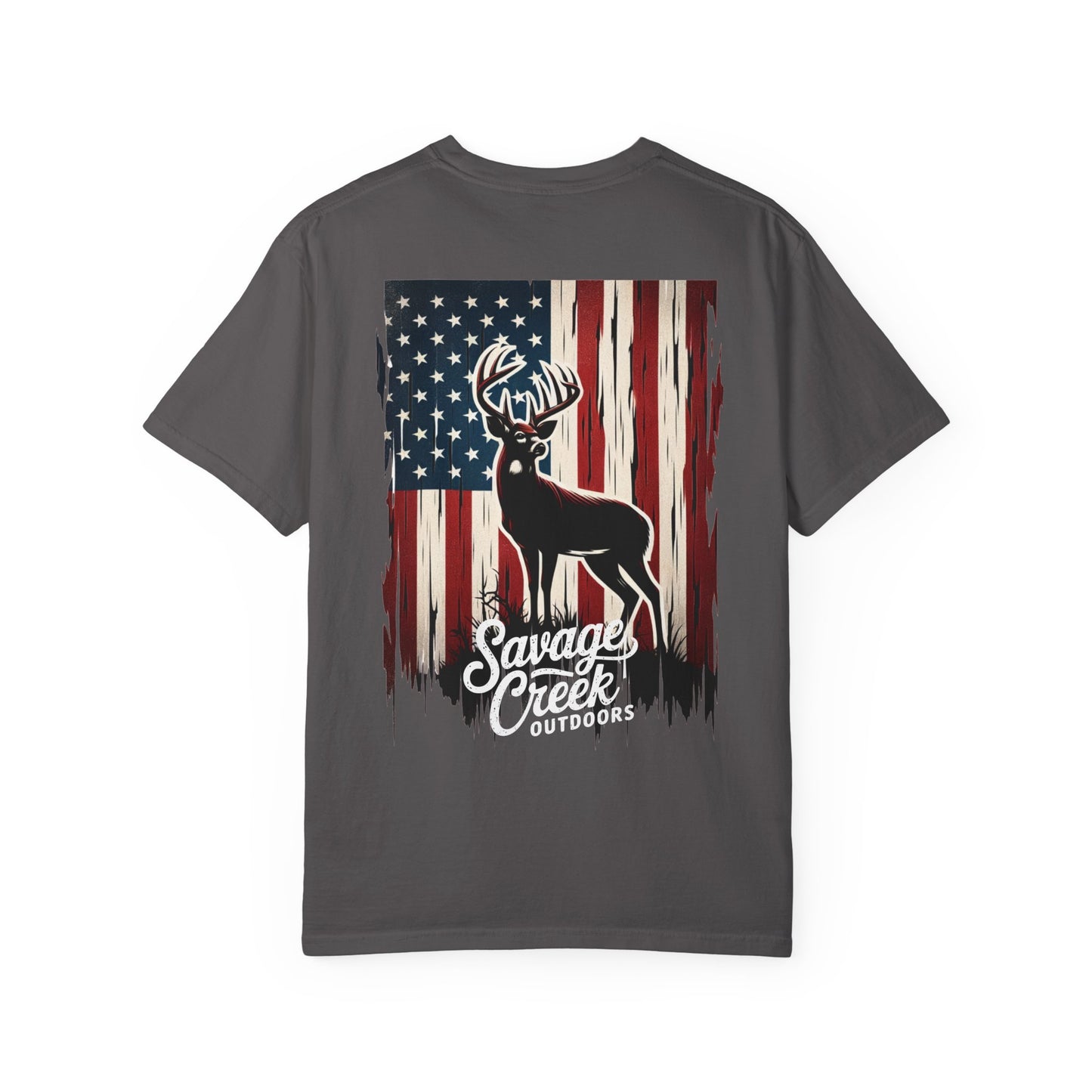 Savage Creek Patriotic Deer Hunting Unisex Short Sleeve T-Shirt With Back Design