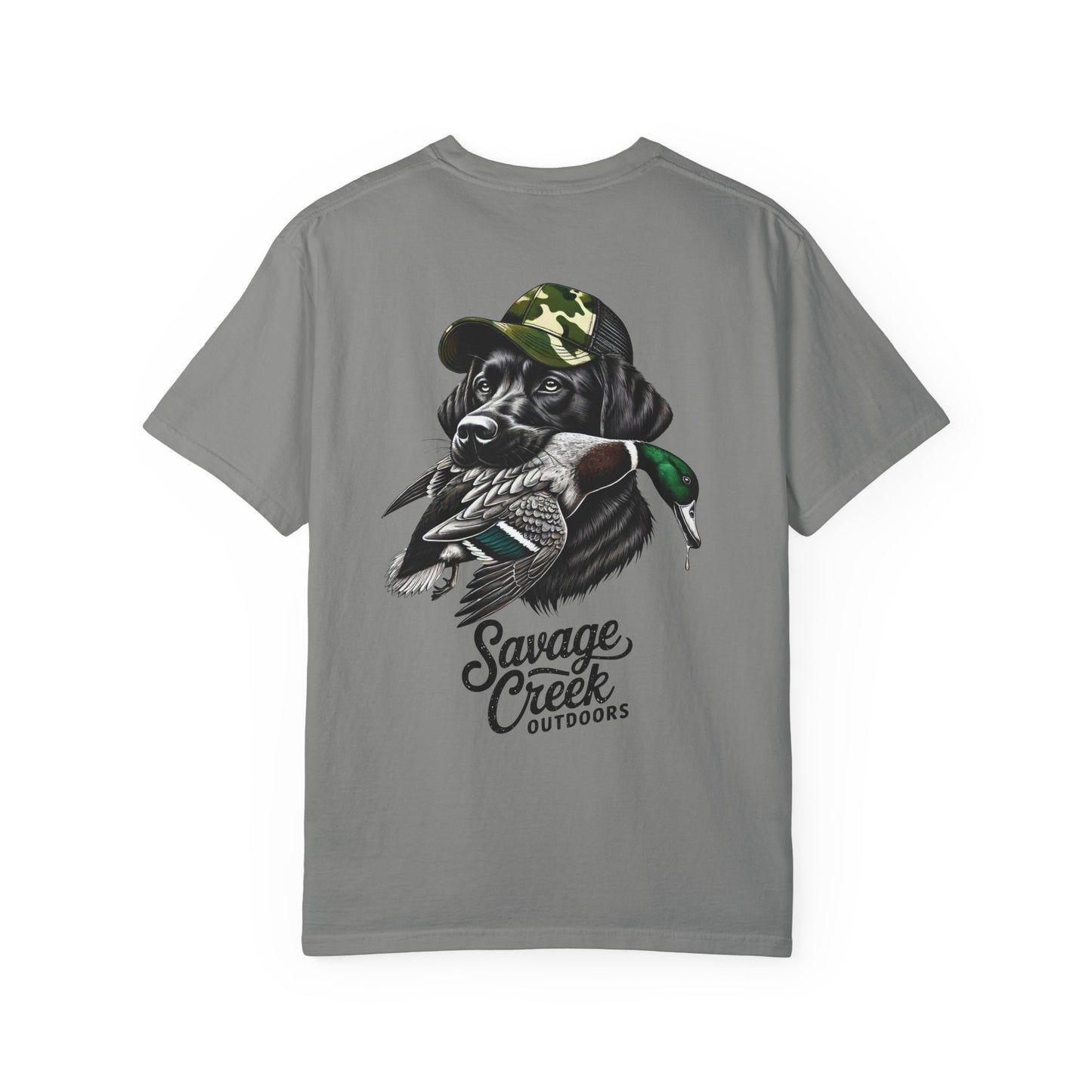Savage Creek Outdoors Duck Hunting Black Lab Unisex Short Sleeve T-Shirt With Back Design