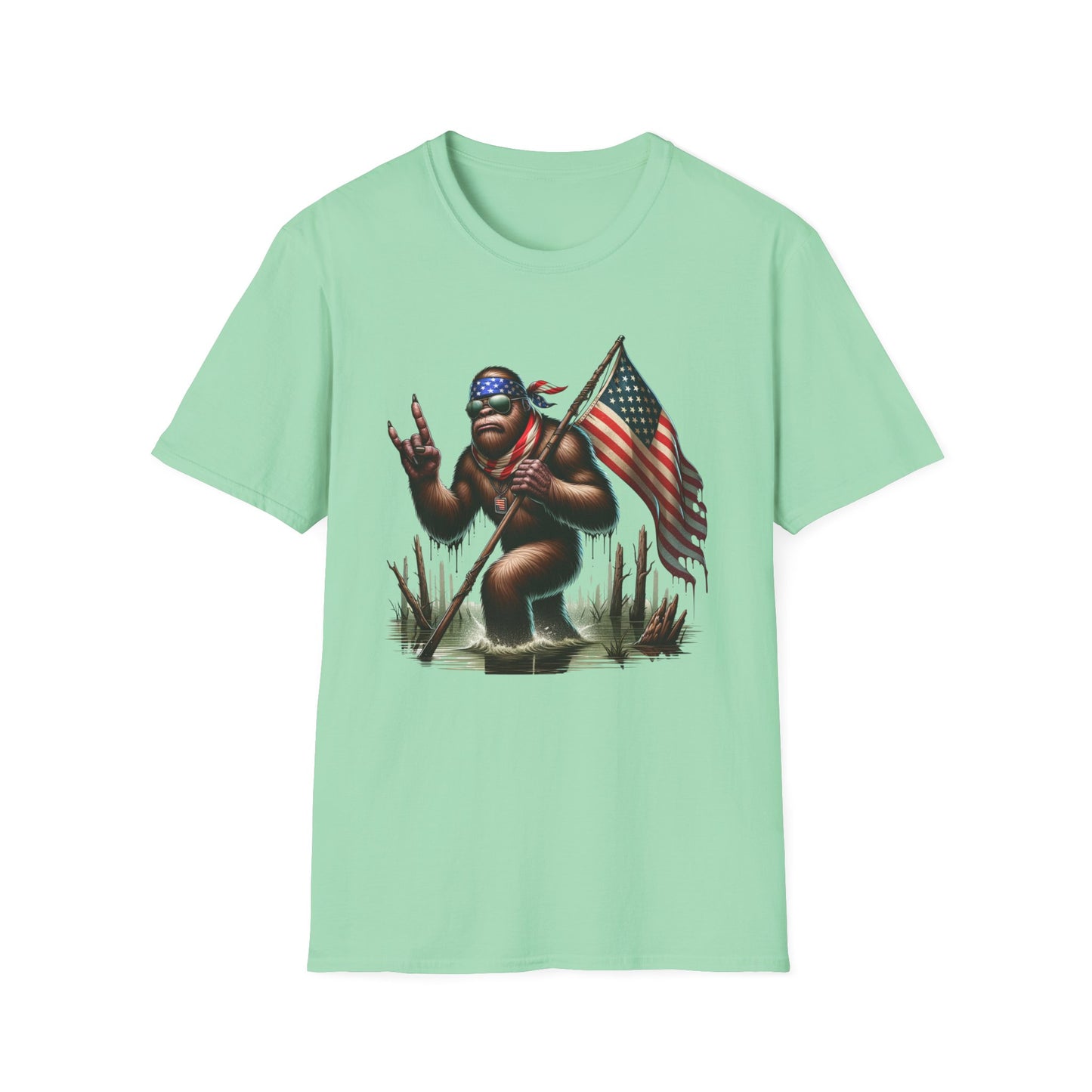 Patriotic Bigfoot Sasquatch Unisex Short Sleeve T-Shirt, Front Design
