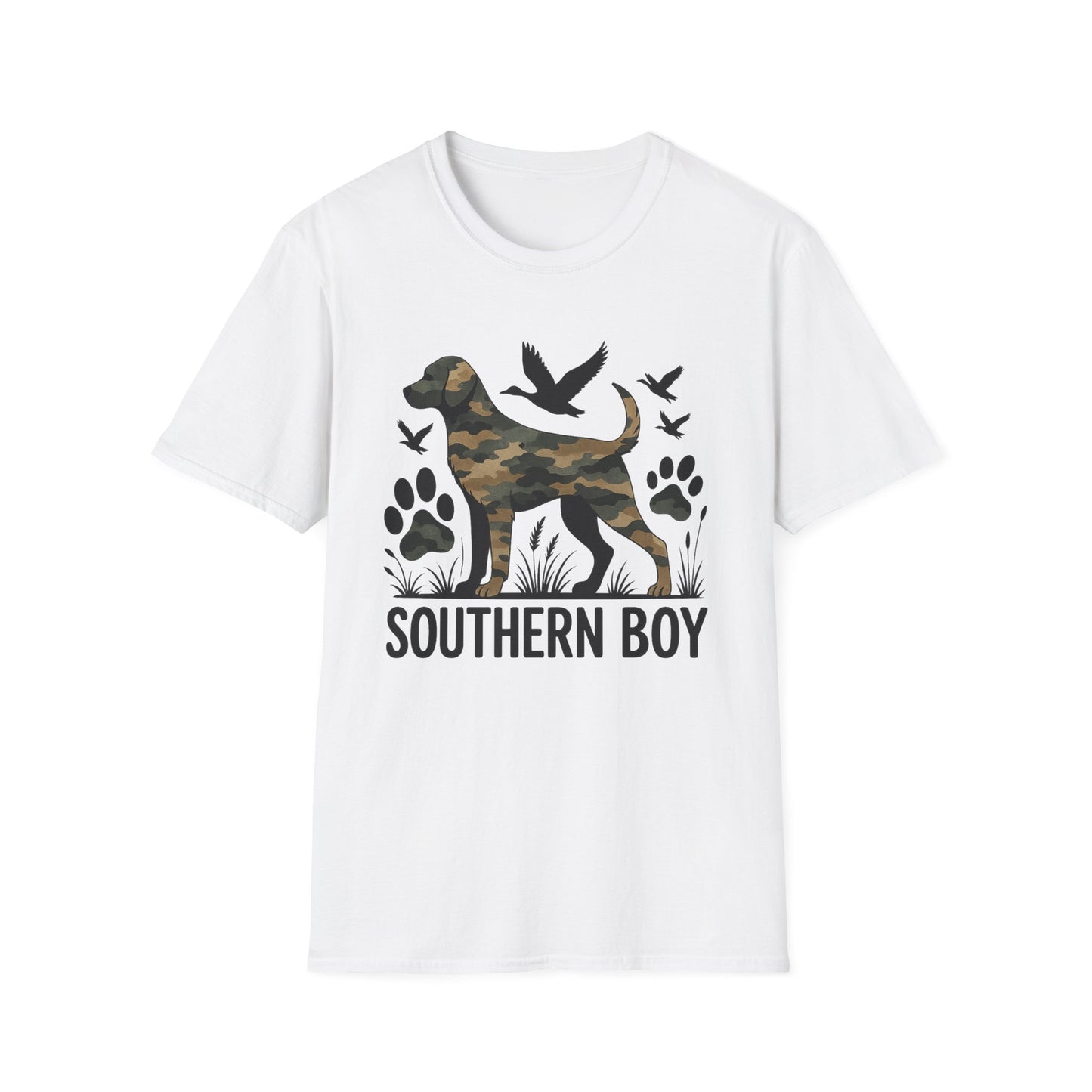 Southern Boy Camouflage Dog Duck Hunting Unisex Short Sleeve T-Shirt, Front Design