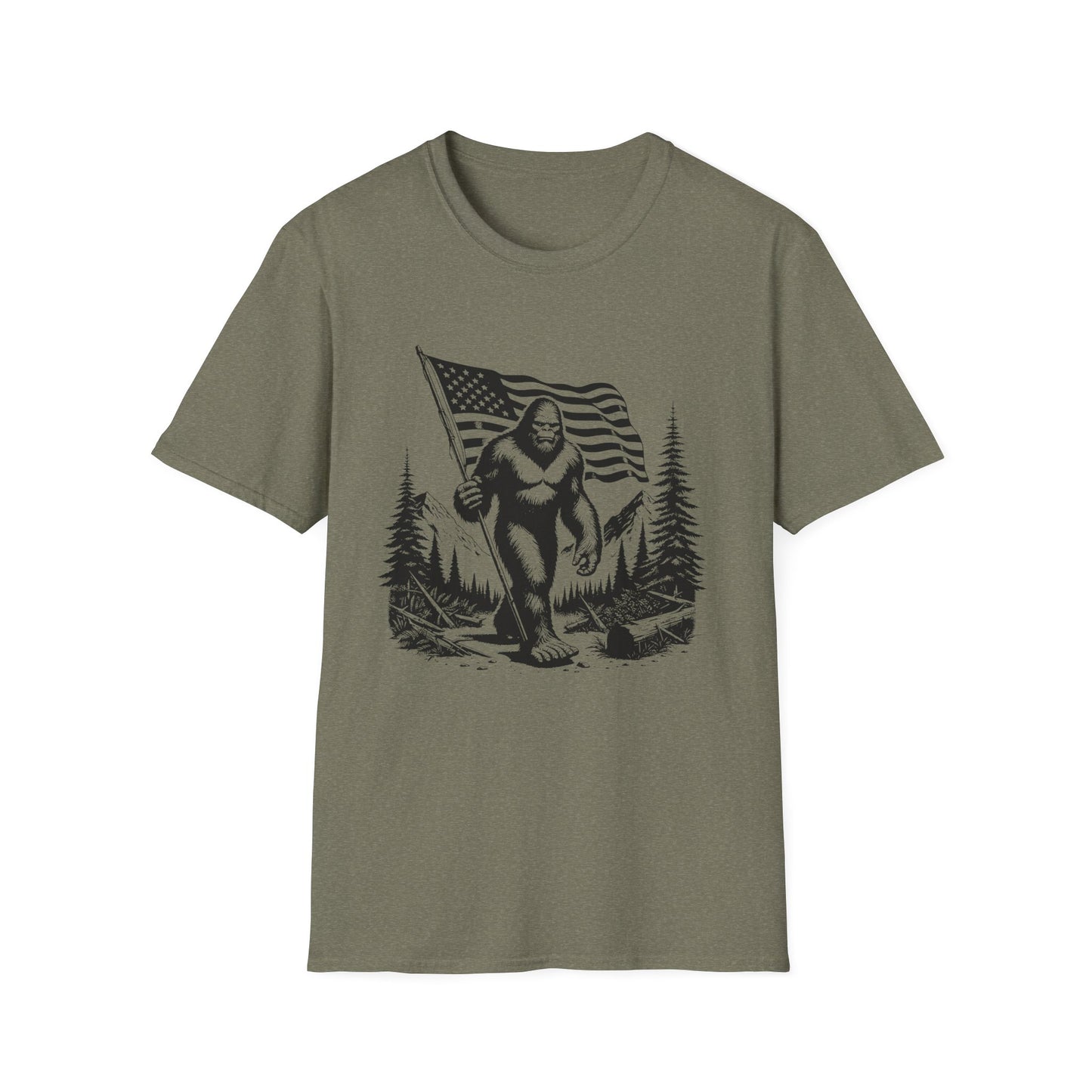 Sasquatch, Bigfoot American Flag Patriotic Unisex Short Sleeve T-Shirt, Front Design