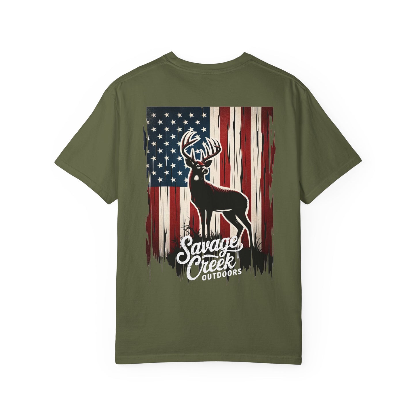 Savage Creek Patriotic Deer Hunting Unisex Short Sleeve T-Shirt With Back Design