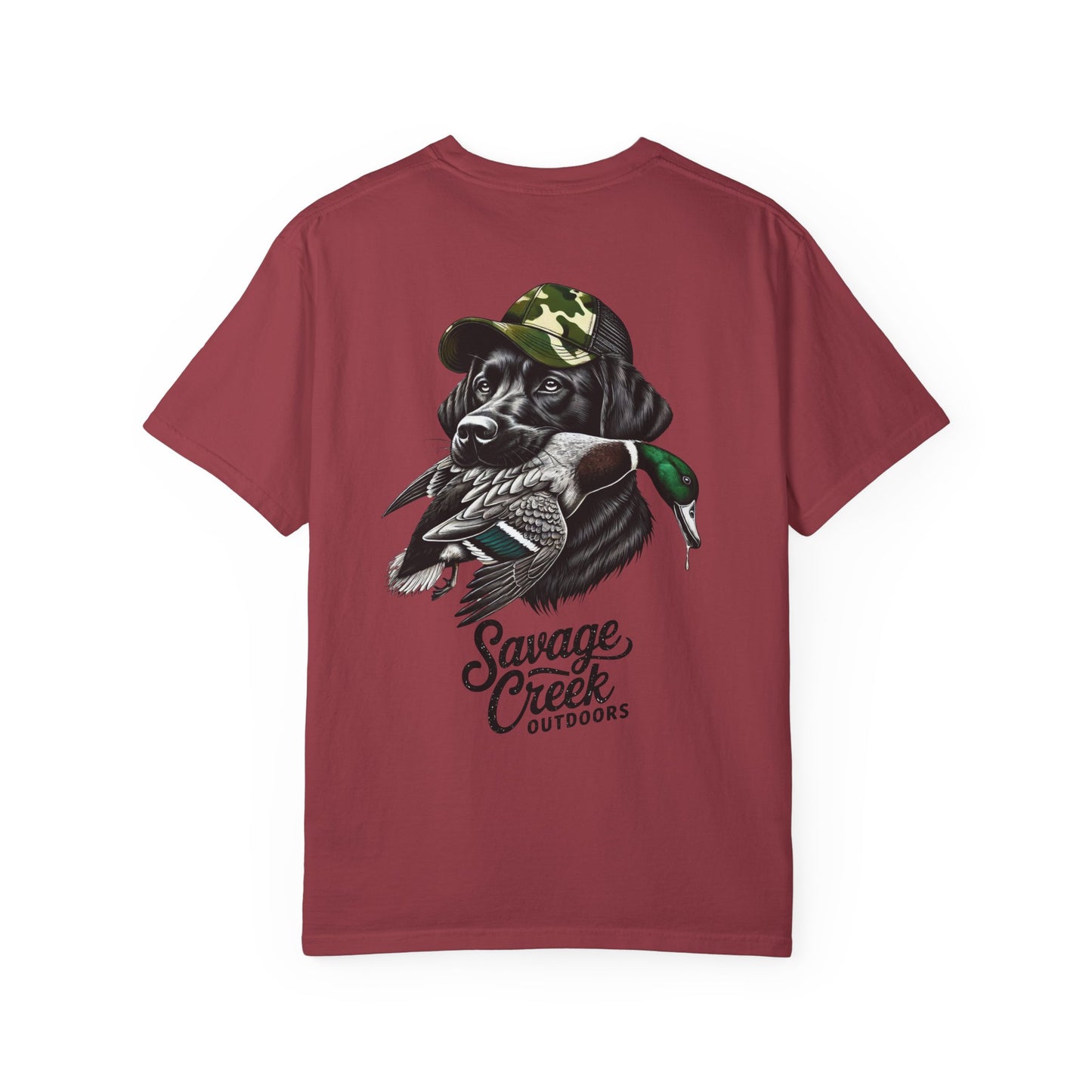 Savage Creek Outdoors Duck Hunting Black Lab Unisex Short Sleeve T-Shirt With Back Design