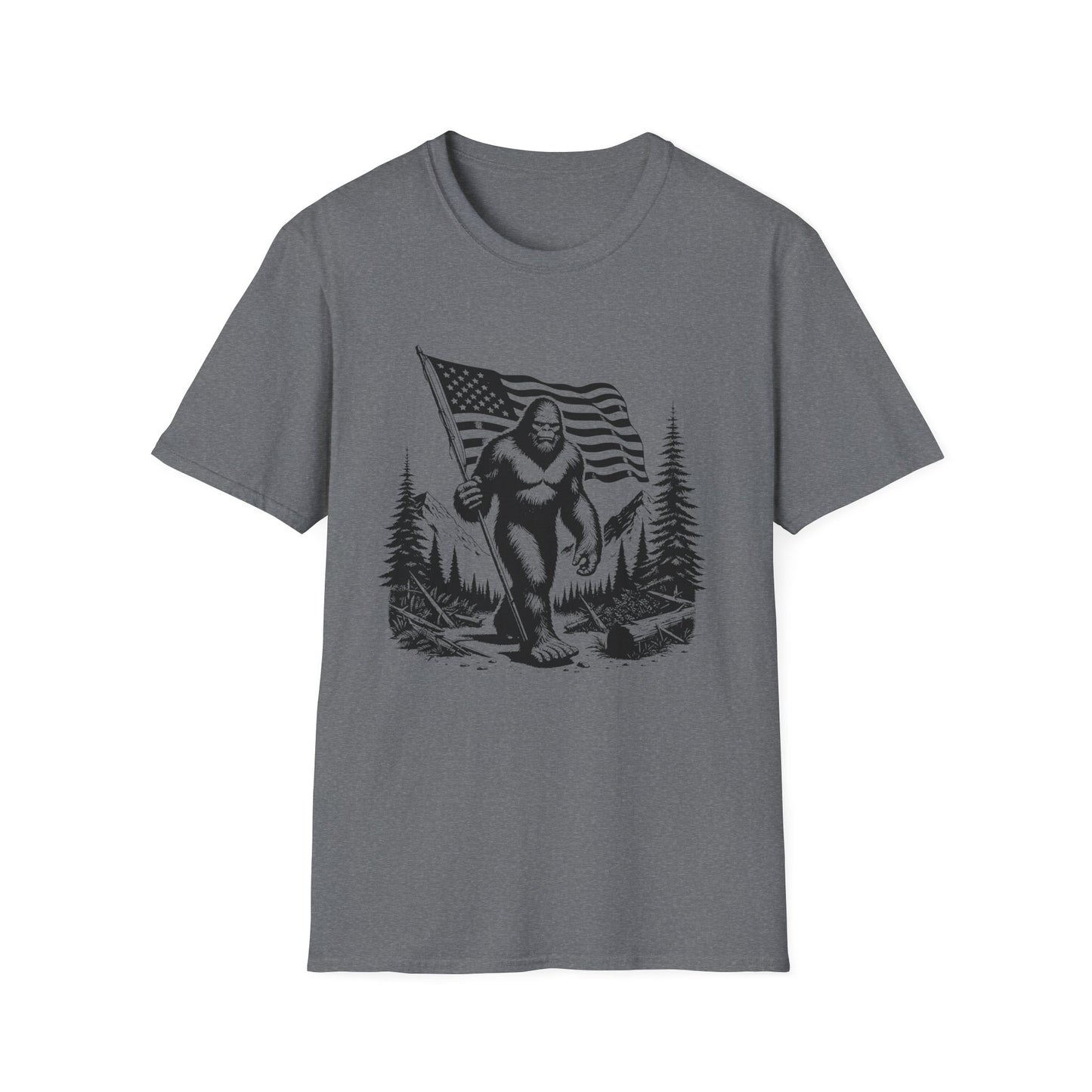 Sasquatch, Bigfoot American Flag Patriotic Unisex Short Sleeve T-Shirt, Front Design