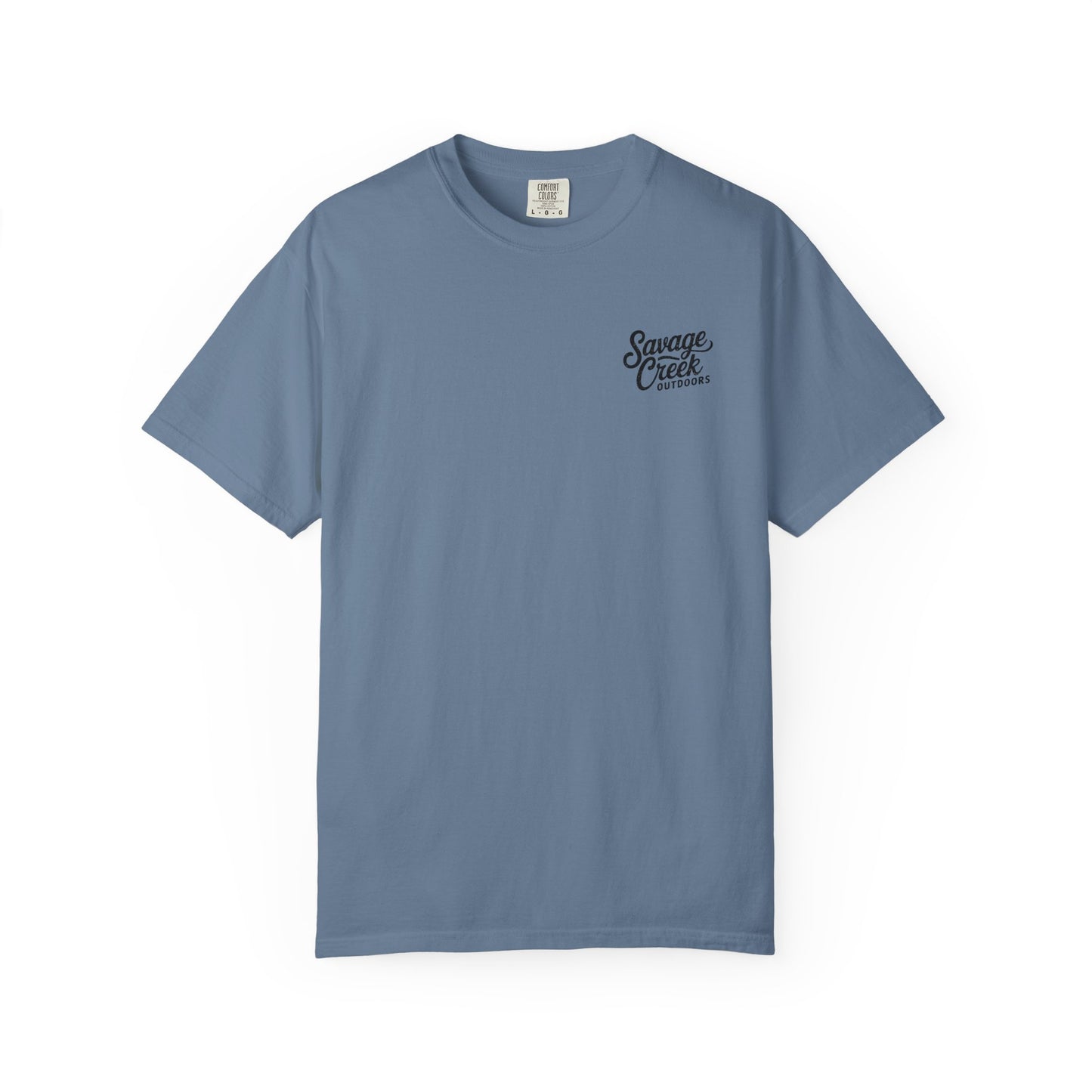 Savage Creek Outdoors Duck Hunting Black Lab Unisex Short Sleeve T-Shirt With Back Design