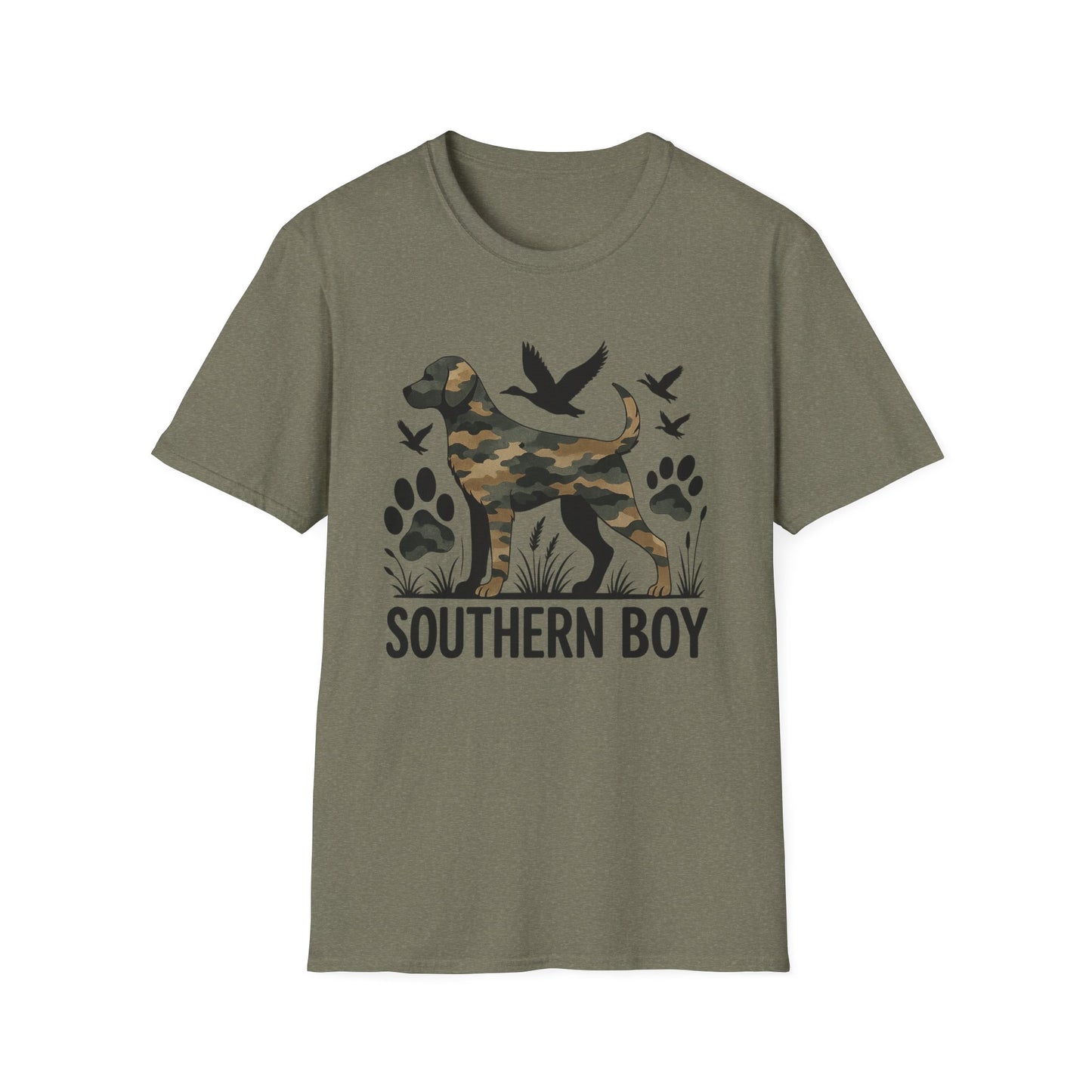 Southern Boy Camouflage Dog Duck Hunting Unisex Short Sleeve T-Shirt, Front Design