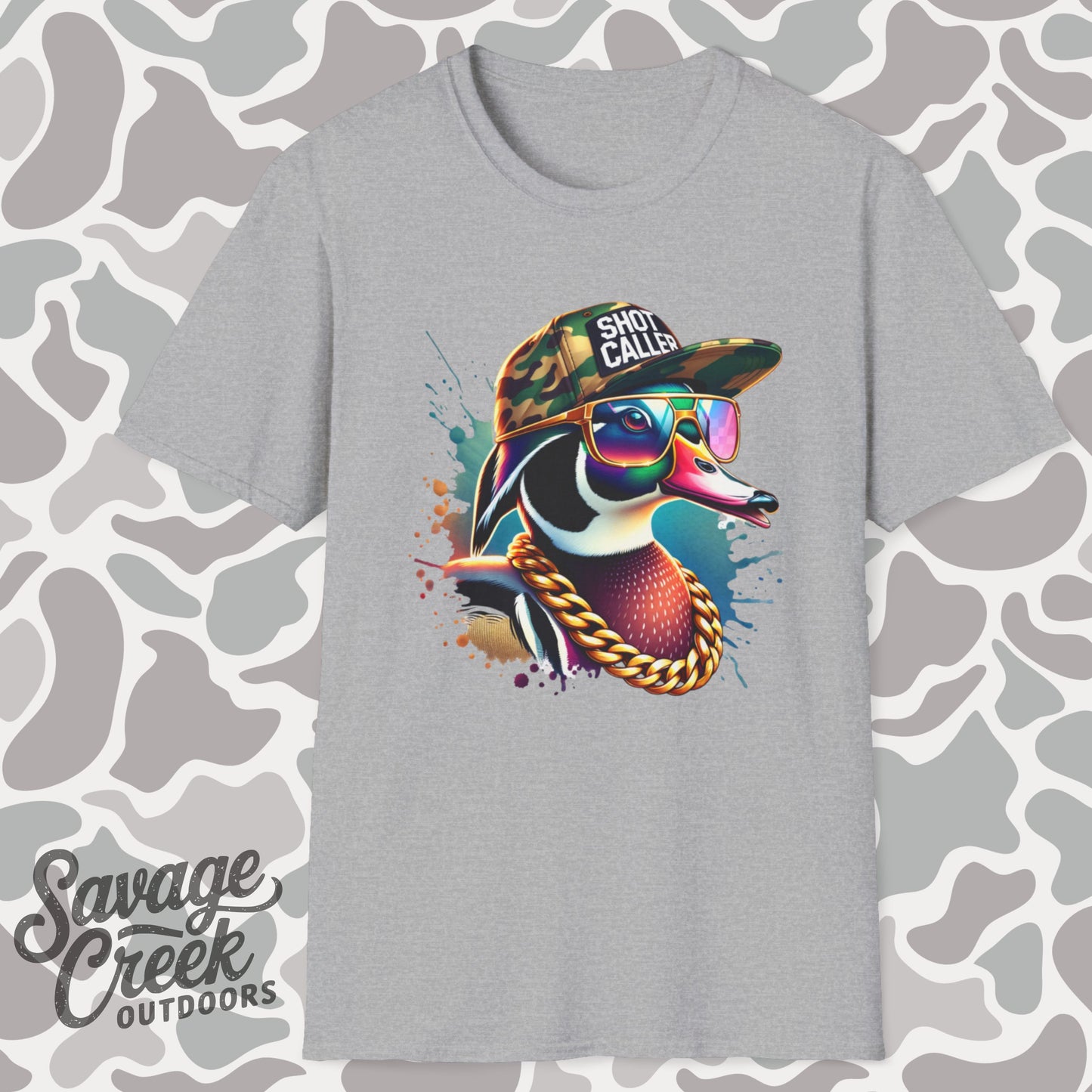 Shot Caller Camo Hat Wood Duck Unisex Short Sleeve T-Shirt, Front Design