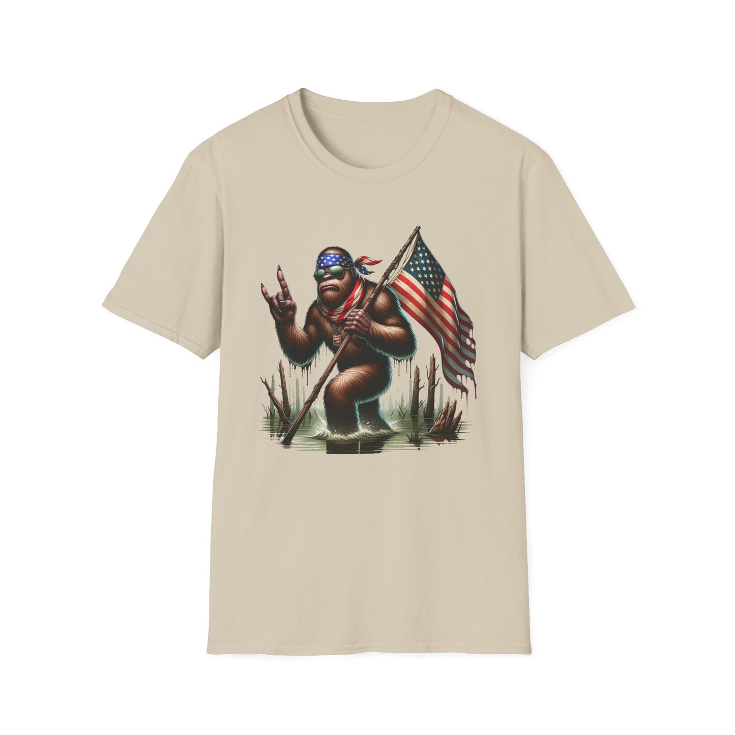 Patriotic Bigfoot Sasquatch Unisex Short Sleeve T-Shirt, Front Design