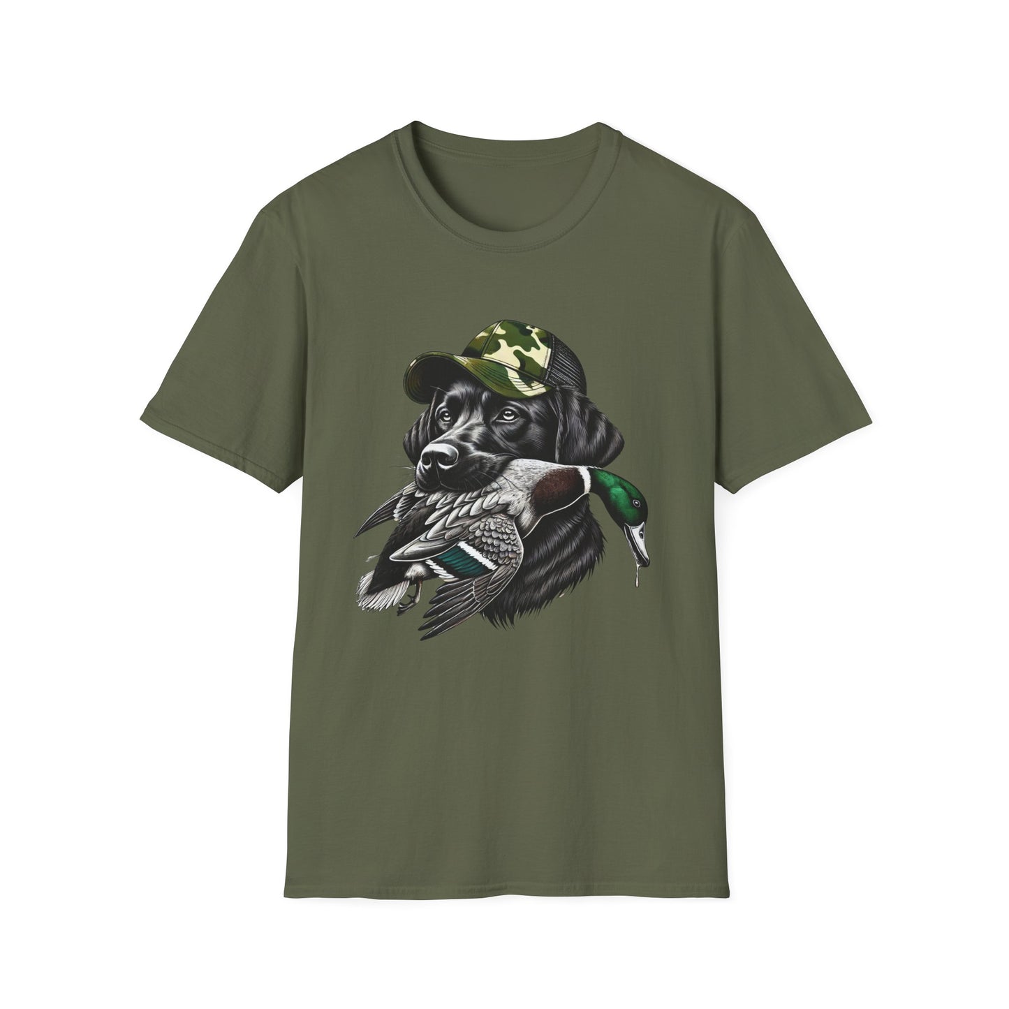 Camo Black Lab Duck Hunting Unisex Short Sleeve T-Shirt, Front Design