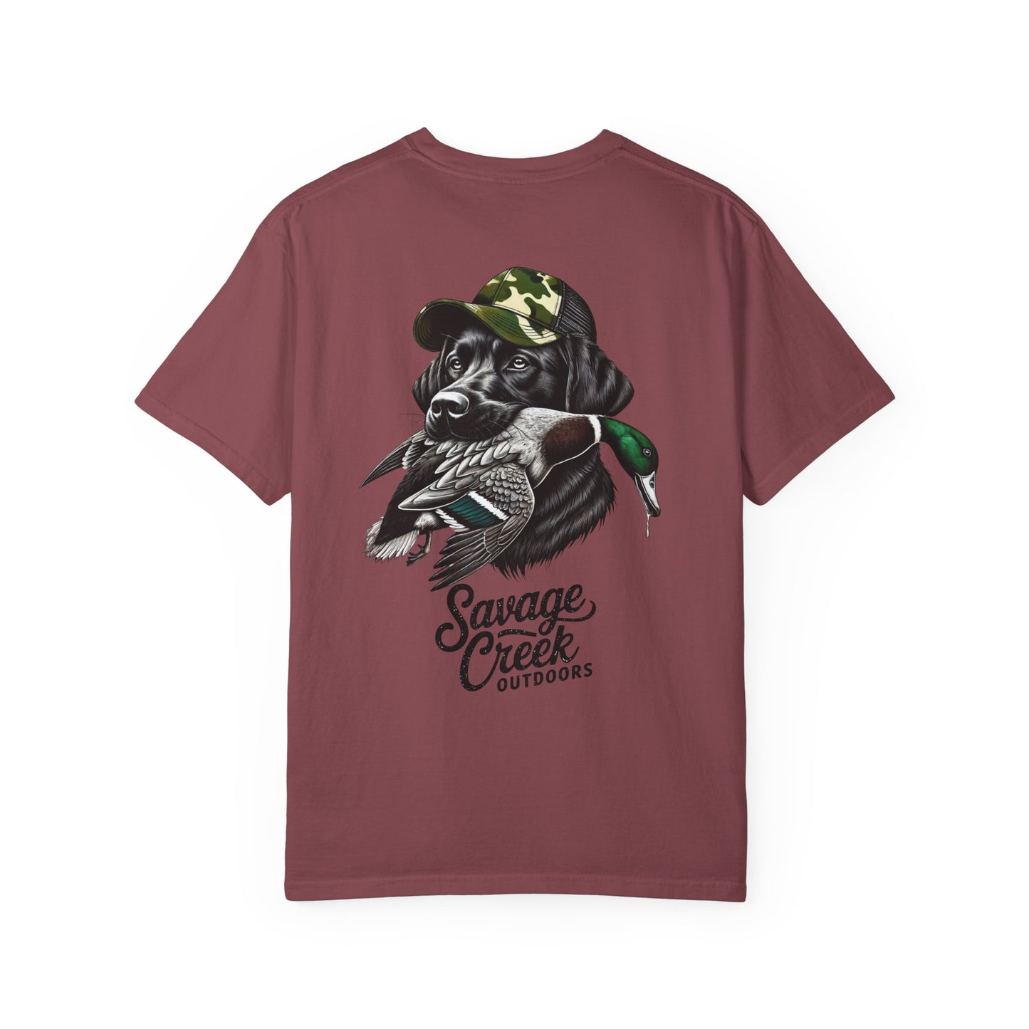 Savage Creek Outdoors Duck Hunting Black Lab Unisex Short Sleeve T-Shirt With Back Design