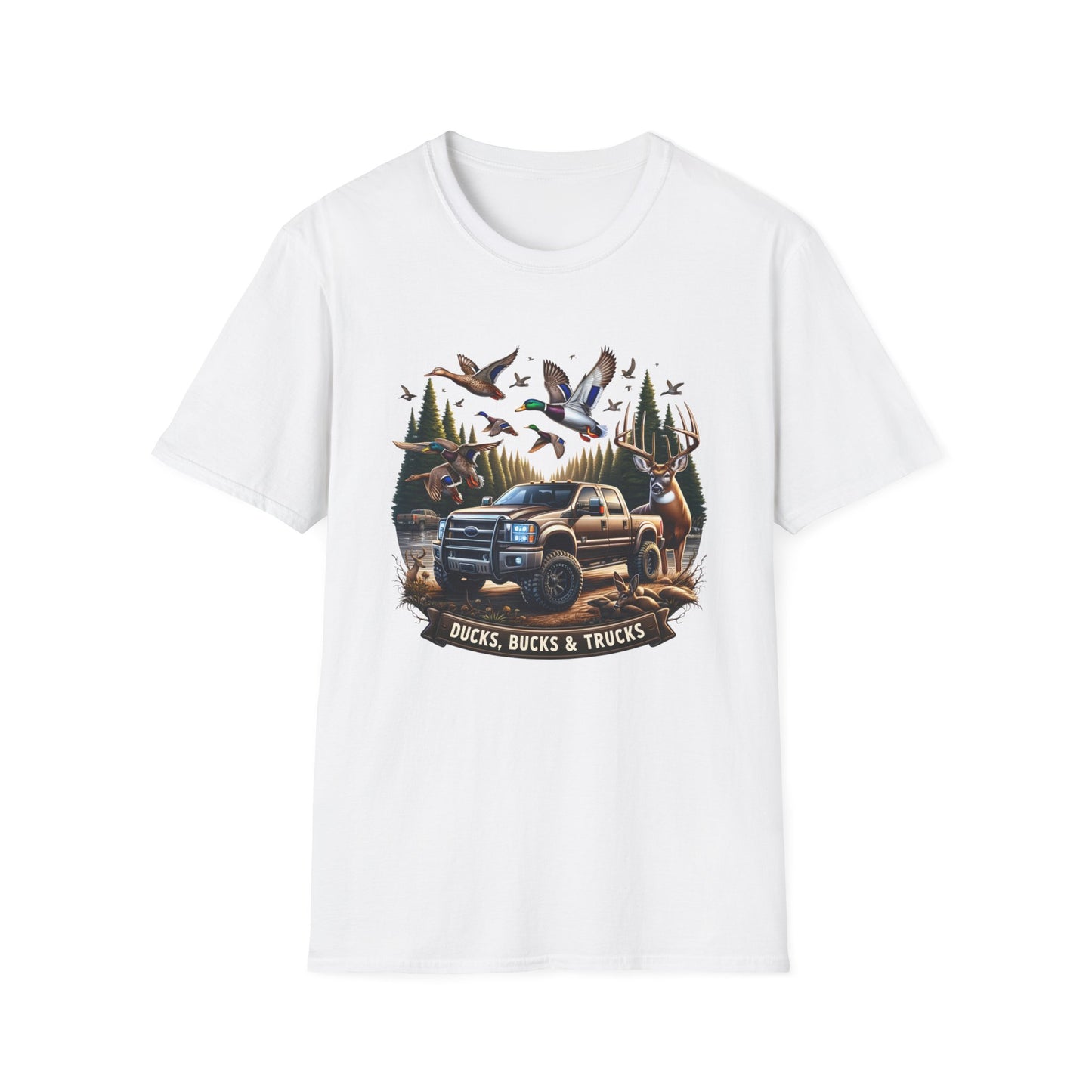 Ducks, Bucks & Trucks Unisex Short Sleeve T-Shirt, Front Design