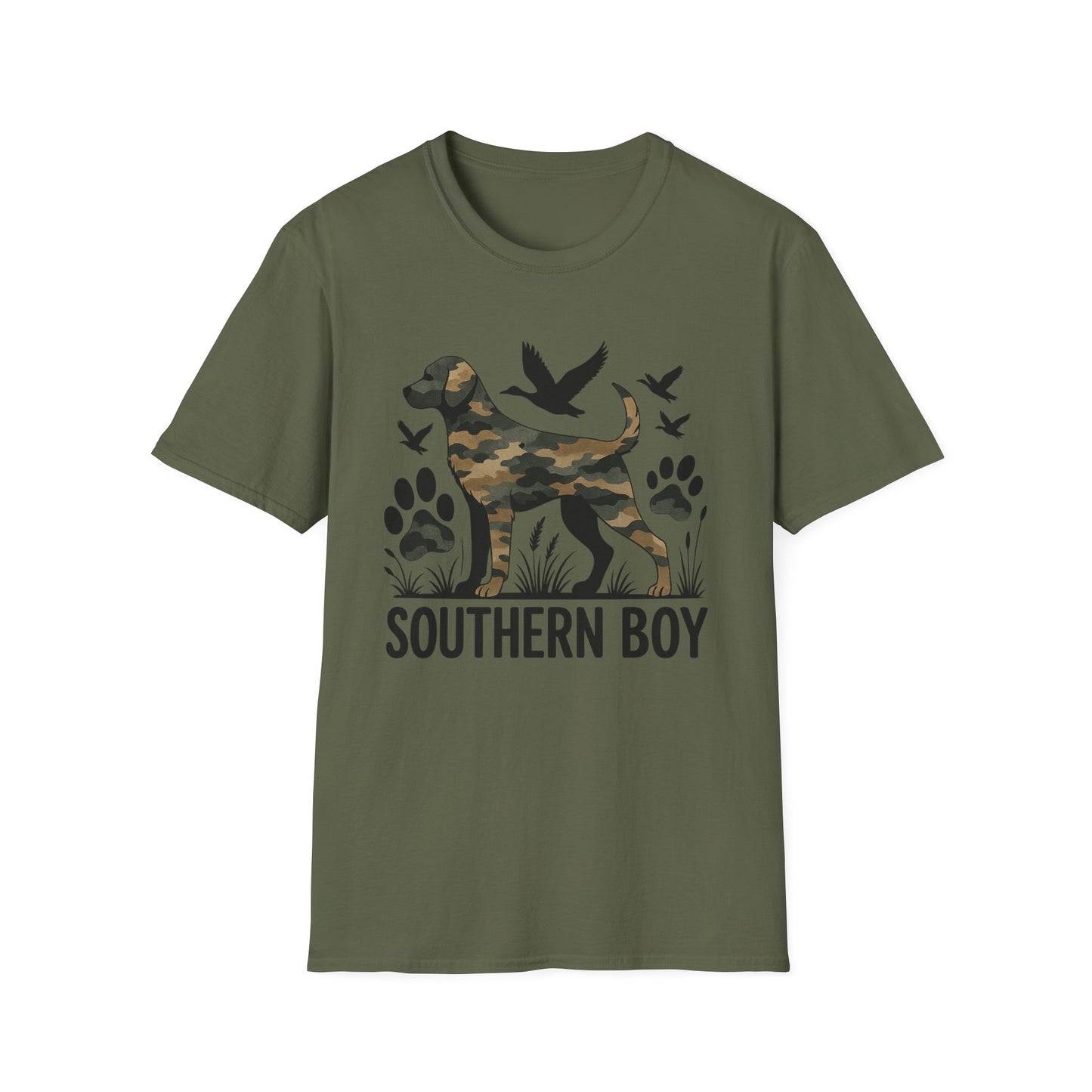 Southern Boy Camouflage Dog Duck Hunting Unisex Short Sleeve T-Shirt, Front Design