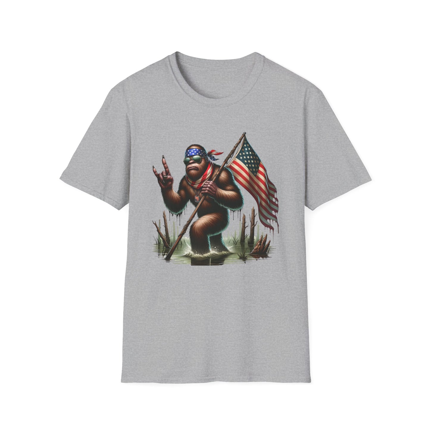 Patriotic Bigfoot Sasquatch Unisex Short Sleeve T-Shirt, Front Design