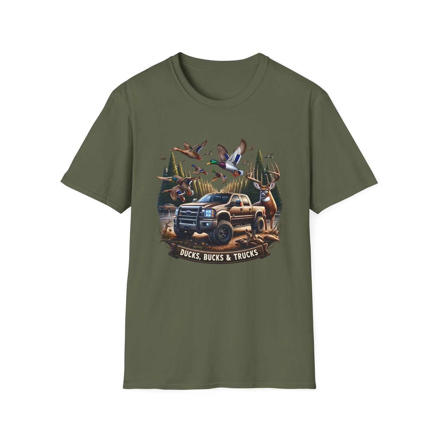 Ducks, Bucks & Trucks Unisex Short Sleeve T-Shirt, Front Design