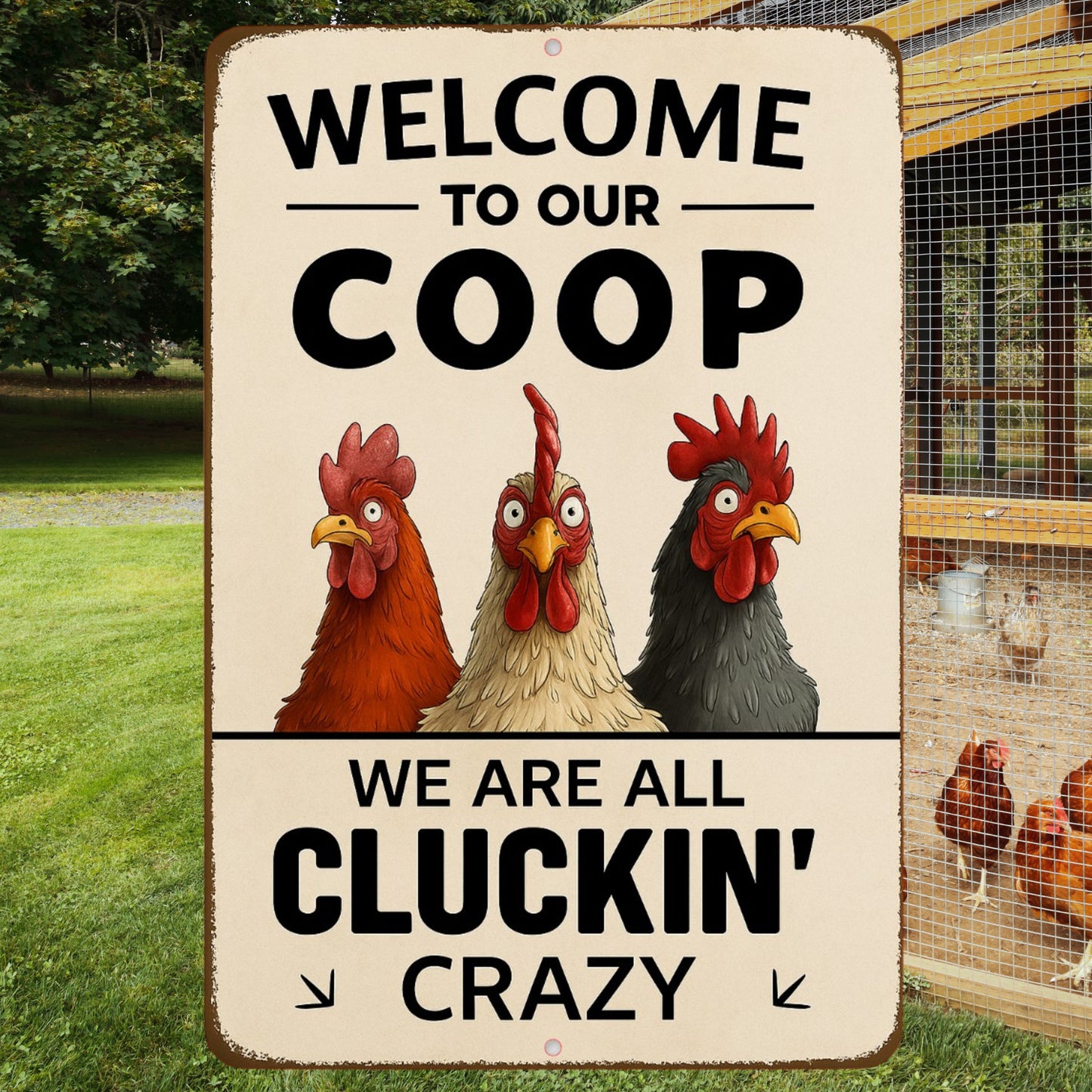 Welcome To Our Coop Sign, Funny Chicken Sign, 8x12 Aluminum Sign, UV Resistant Outdoor Sign, Door Sign