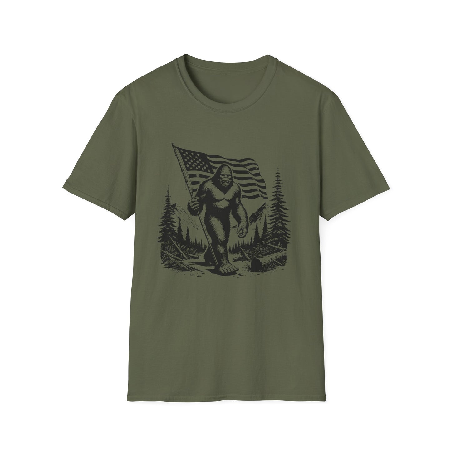 Sasquatch, Bigfoot American Flag Patriotic Unisex Short Sleeve T-Shirt, Front Design