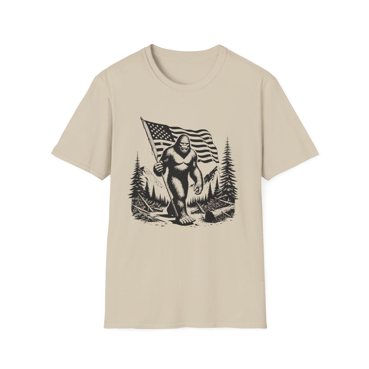 Sasquatch, Bigfoot American Flag Patriotic Unisex Short Sleeve T-Shirt, Front Design