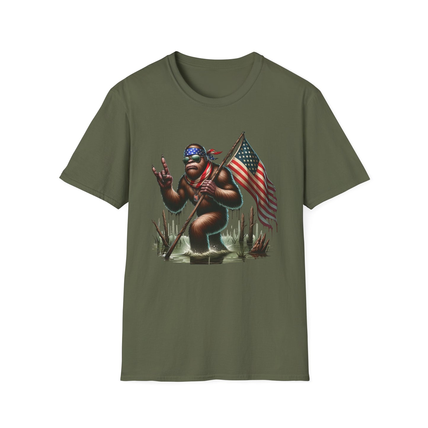 Patriotic Bigfoot Sasquatch Unisex Short Sleeve T-Shirt, Front Design