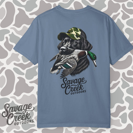 Savage Creek Outdoors Duck Hunting Black Lab Unisex Short Sleeve T-Shirt With Back Design