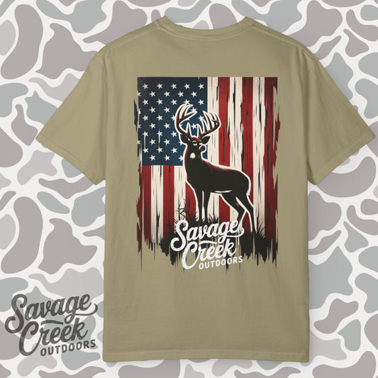 Savage Creek Patriotic Deer Hunting Unisex Short Sleeve T-Shirt With Back Design