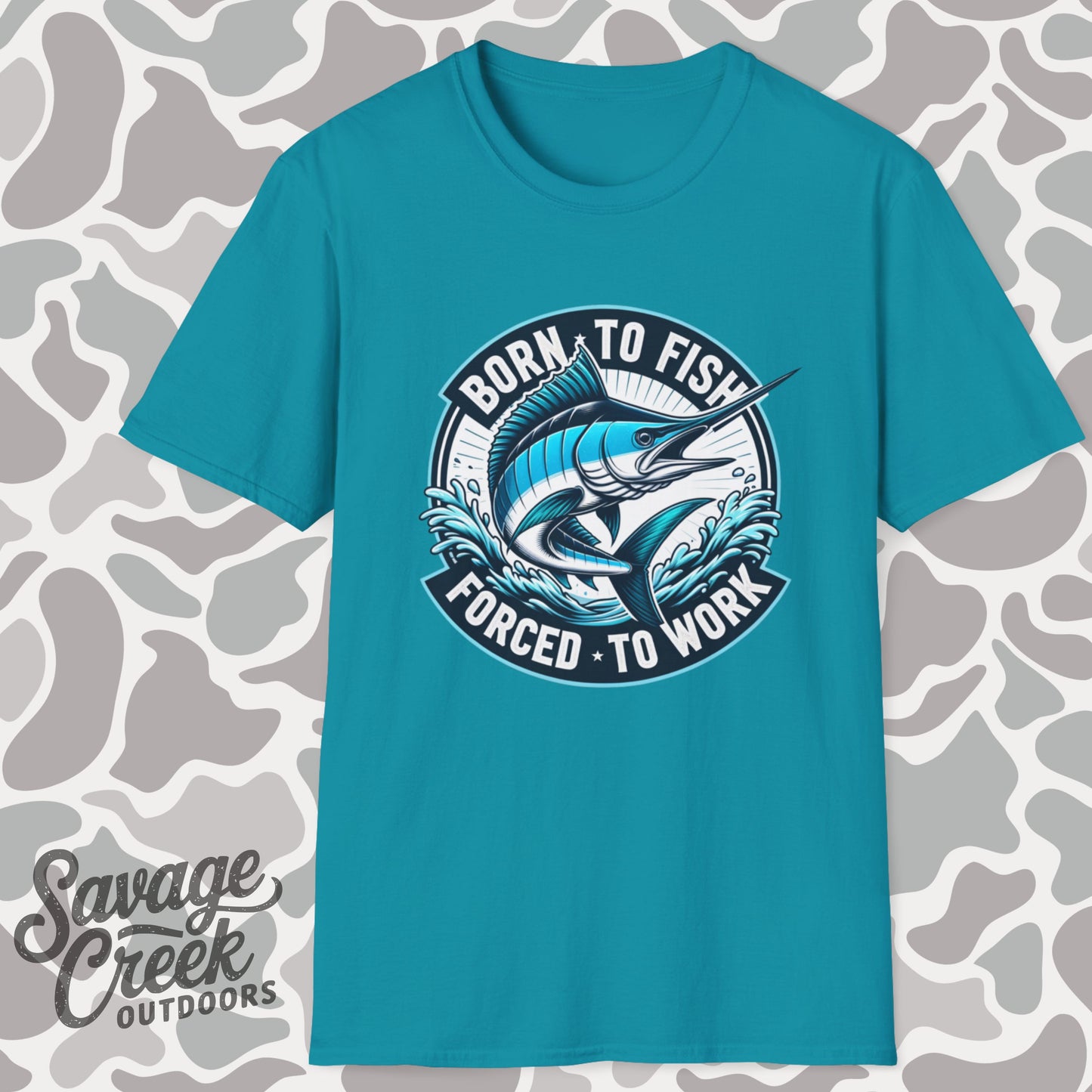 Born To Fish Forced To Work Marlin Fishing Unisex Short Sleeve T-Shirt, Front Design