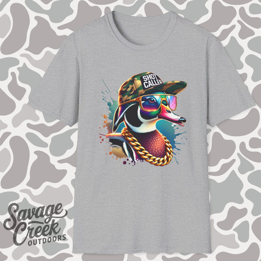 Shot Caller Camo Hat Wood Duck Unisex Short Sleeve T-Shirt, Front Design