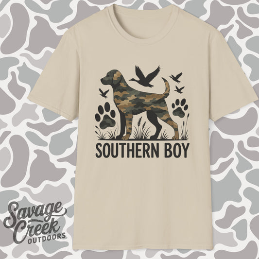 Southern Boy Camouflage Dog Duck Hunting Unisex Short Sleeve T-Shirt, Front Design