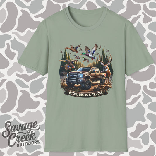 Ducks, Bucks & Trucks Unisex Short Sleeve T-Shirt, Front Design