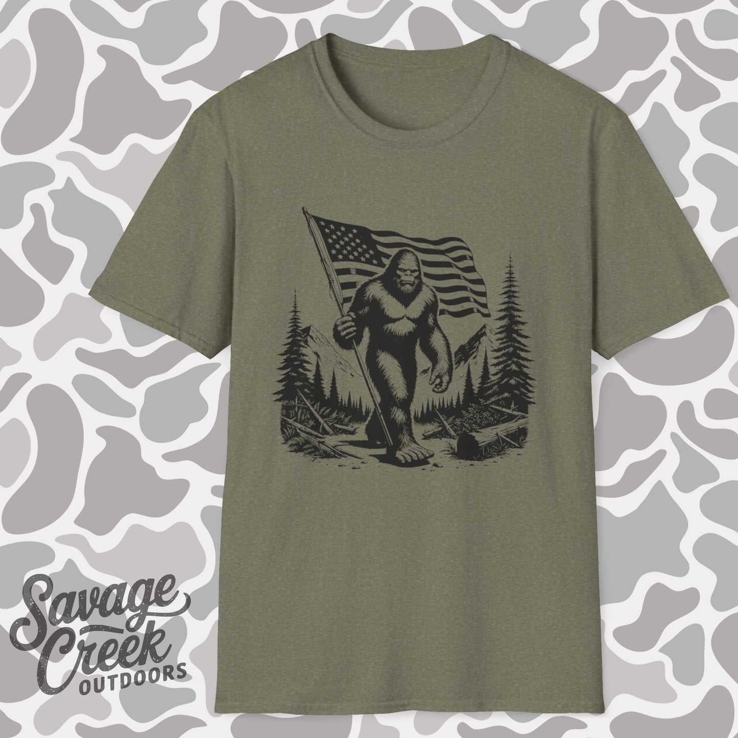 Sasquatch, Bigfoot American Flag Patriotic Unisex Short Sleeve T-Shirt, Front Design