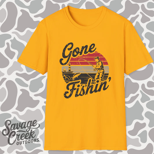 Retro Style Gone Fishin' Unisex Short Sleeve T-Shirt, Front Design