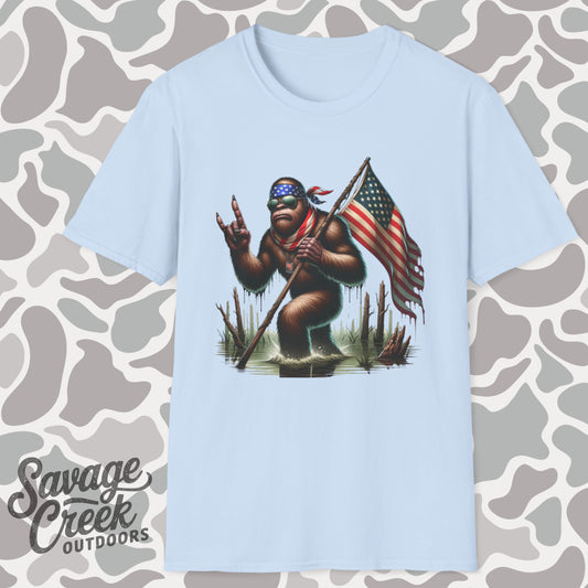 Patriotic Bigfoot Sasquatch Unisex Short Sleeve T-Shirt, Front Design