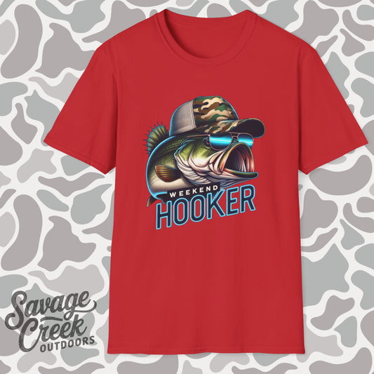 Weekend Hooker Bass Fishing Unisex Short Sleeve T-Shirt, Front Design