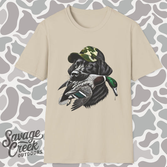 Camo Black Lab Duck Hunting Unisex Short Sleeve T-Shirt, Front Design