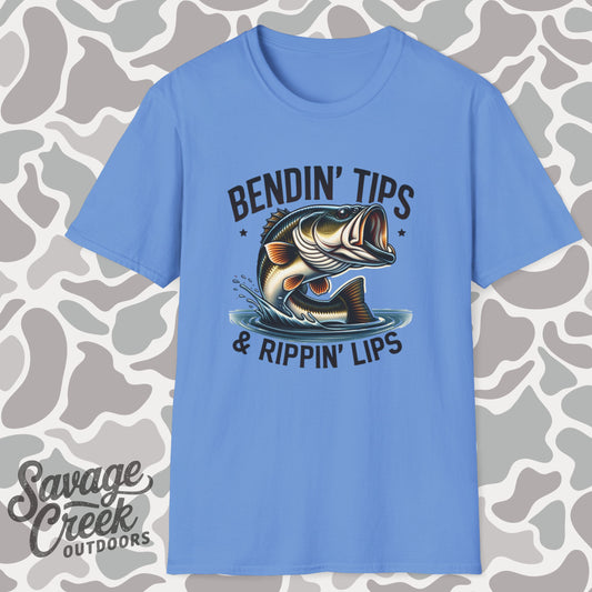 Bendin' Tips & Rippin' Lips Bass Fishing Unisex Short Sleeve T-Shirt, Front Design