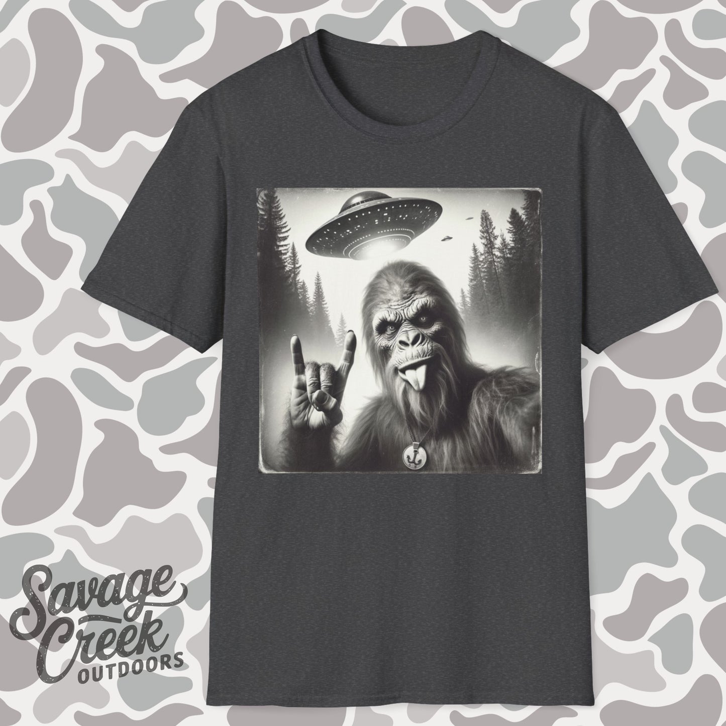 Bigfoot/Sasquatch Selfie Unisex Short Sleeve T-Shirt, Front Design