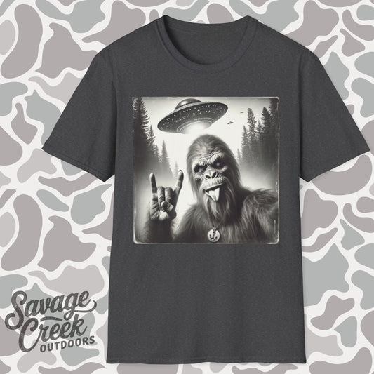 Bigfoot/Sasquatch Selfie Unisex Short Sleeve T-Shirt, Front Design