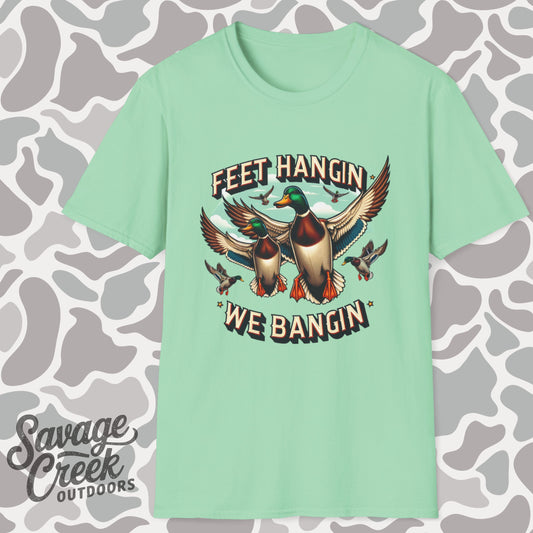 Feet Hangin' We Bangin' Duck Hunting Unisex Short Sleeve T-Shirt, Front Design