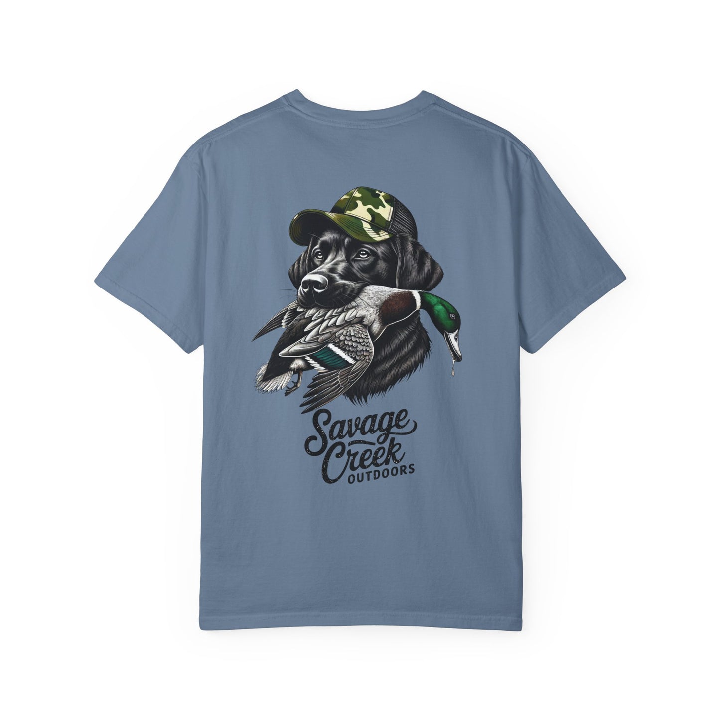 Savage Creek Outdoors Duck Hunting Black Lab Unisex Short Sleeve T-Shirt With Back Design