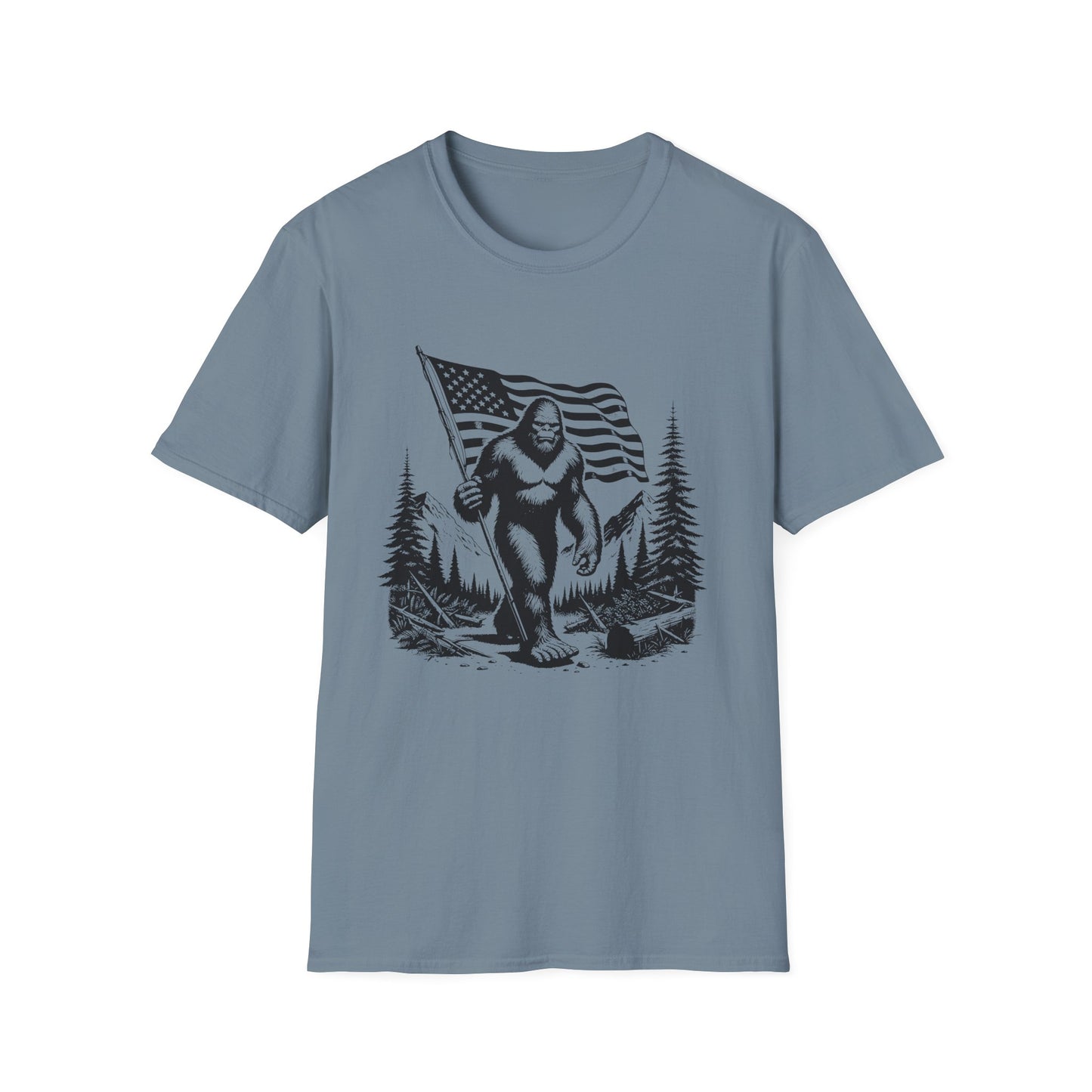 Sasquatch, Bigfoot American Flag Patriotic Unisex Short Sleeve T-Shirt, Front Design