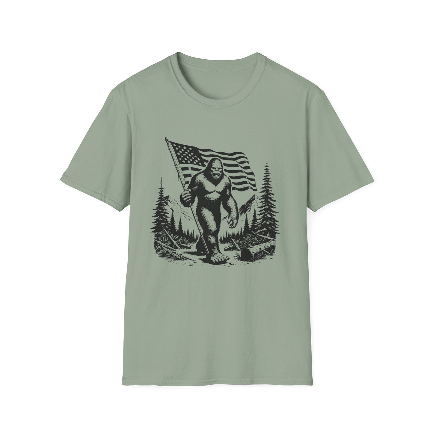 Sasquatch, Bigfoot American Flag Patriotic Unisex Short Sleeve T-Shirt, Front Design