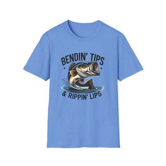 Bendin' Tips & Rippin' Lips Bass Fishing Unisex Short Sleeve T-Shirt, Front Design