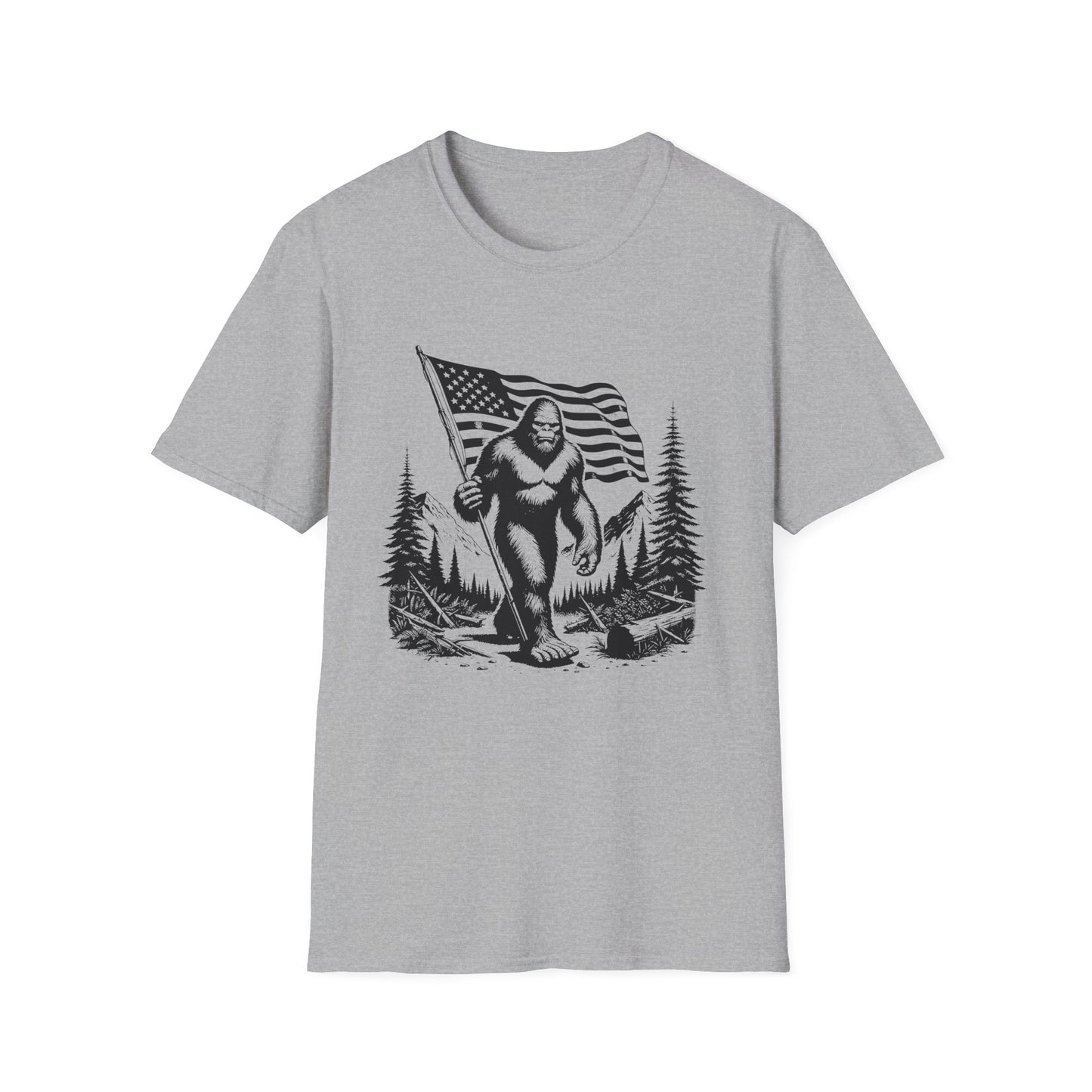 Sasquatch, Bigfoot American Flag Patriotic Unisex Short Sleeve T-Shirt, Front Design