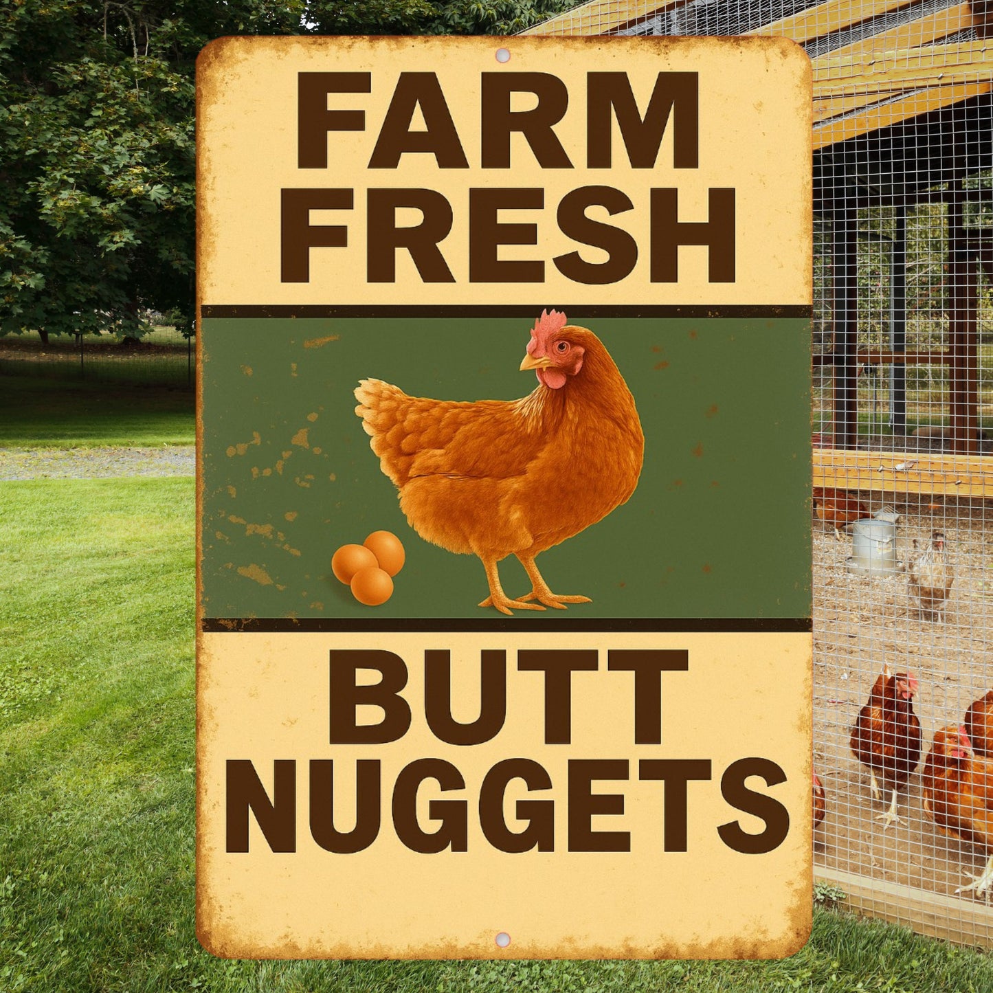 Farm Fresh Butt Nuggets Sign, Funny Chicken Sign, 8x12 Aluminum Sign, UV Resistant Outdoor Sign, Door Sign