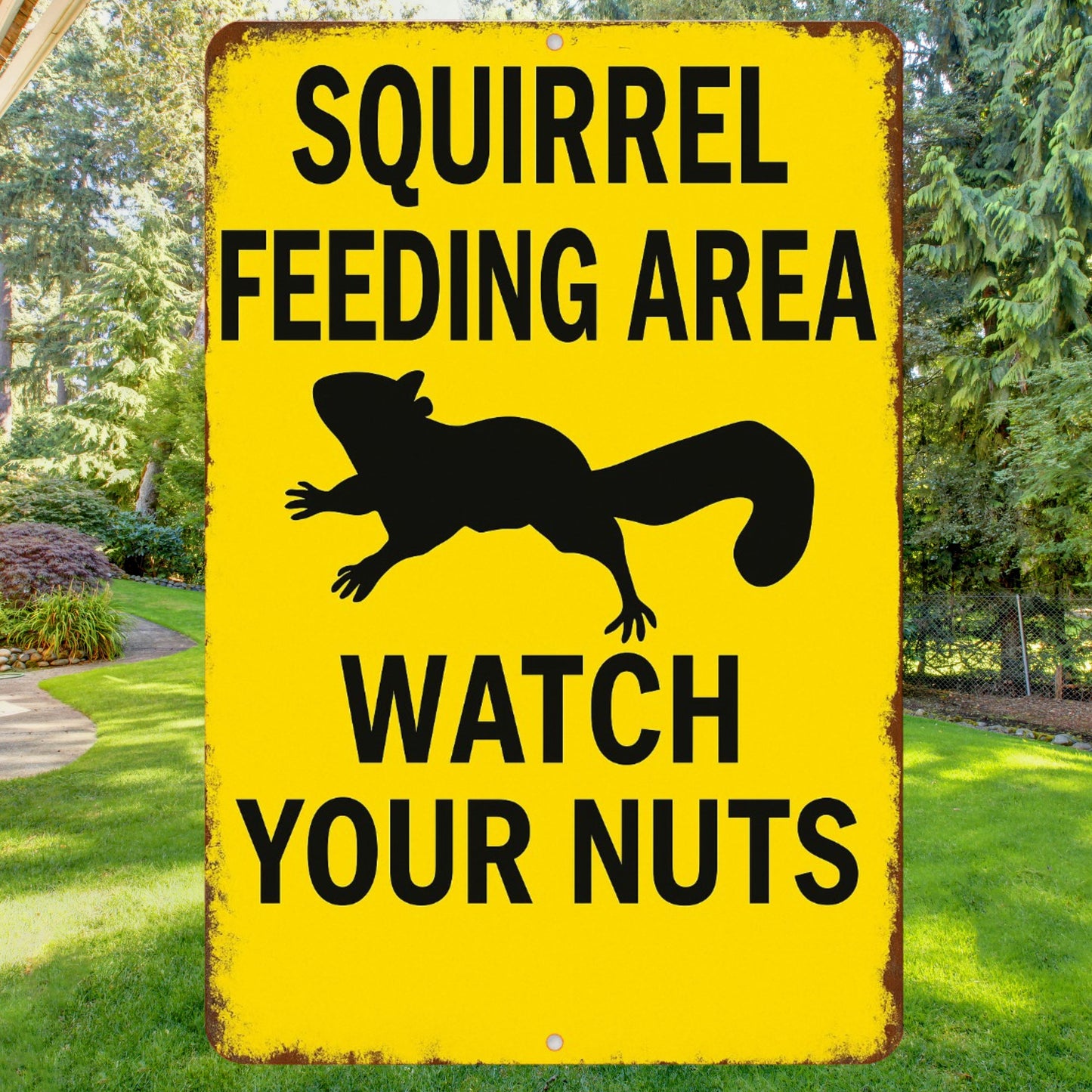 Funny Squirrel Sign, Squirrel Feeding Area Sign, Distressed Warning Sign, Rustic Font 8x12 Aluminum Sign, UV Resistant Outdoor Sign